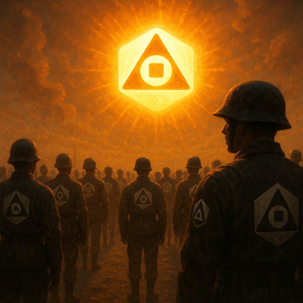 Crypto_Sara99's tweet photo. Under the blazing emblem, the Magic Newton Army stands still,warriors of logic and mysticism, bound by the laws of the universe and the power to bend them.
The sun isn't just light, it's command.⚛️✨ 
@newton_xyz @seanli

#MagicNewtonArmy #SymbolOfPower https://t.co/tleicKBar8
