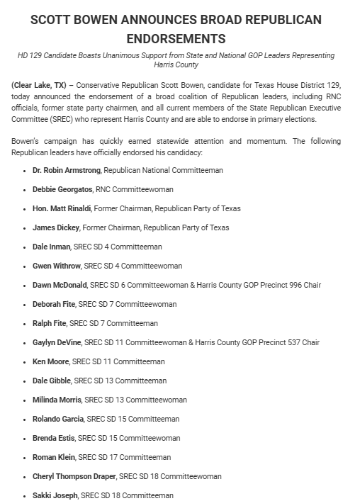 bradj_TX's tweet photo. Inbox: @sbwnhtx rolls out more GOP endorsements for his #HD129 run. #txlege https://t.co/IBz5kNwnsO