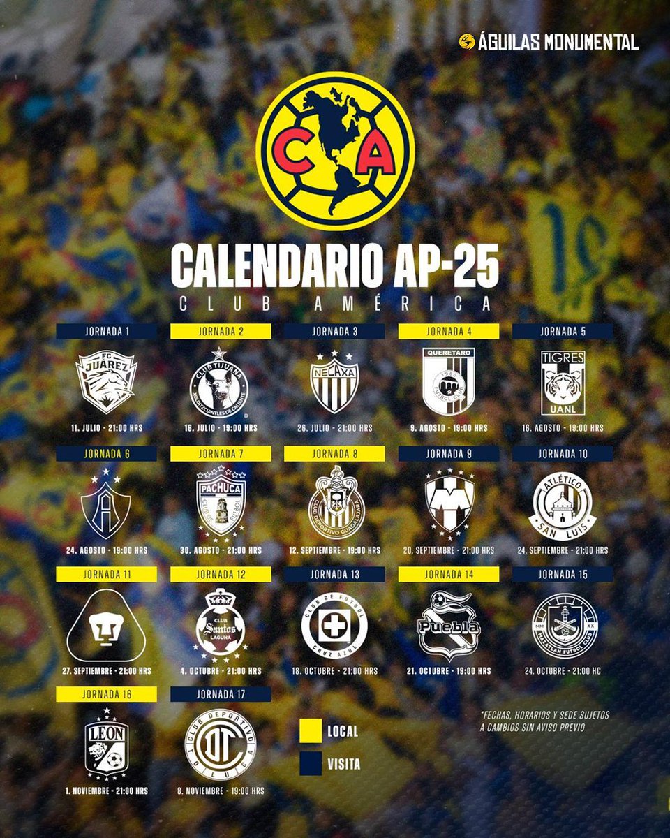 ¡YA TENEMOS CALENDARIO! 🦅🔥

Andaba apartando fechas y no sé, el clásico ¿en viernes? 🤯 ¿quién se atrevió a tanto?