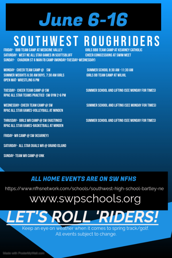 CAMPS! Check out the schedule for the next 10 days. Lots of BB, FB, WR, and Cheer camps! Gym is busy almost every day!