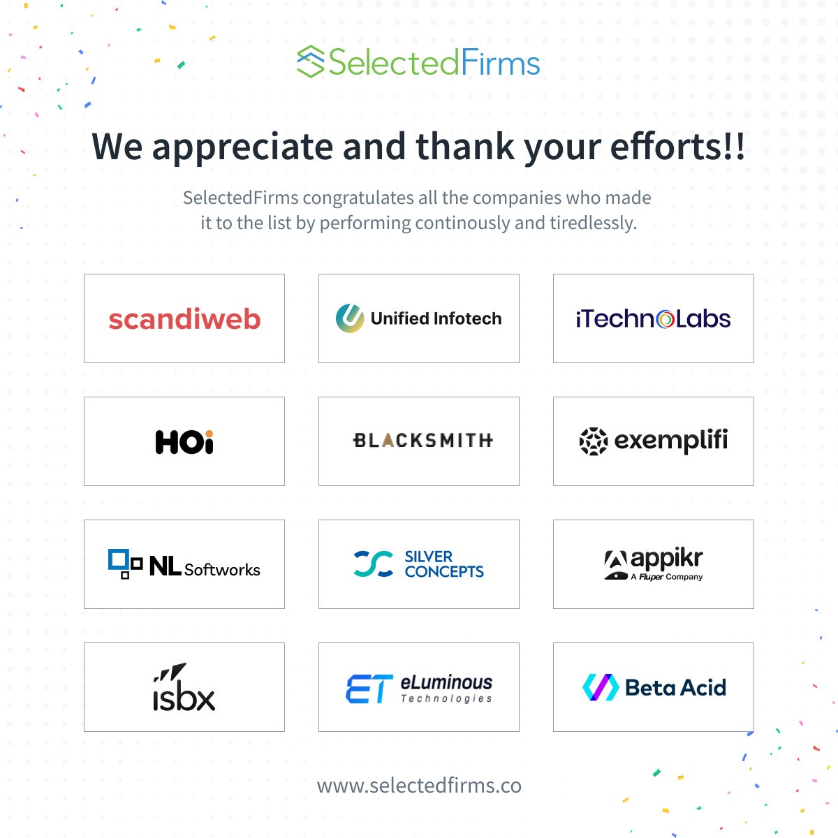 SelectedFirms sends a shout-out to all the incredible companies excelling in eCommerce across the United States of America! 

🏆: bit.ly/4n5U0on

⭐ NL Softworks
⭐ SilverConcepts
⭐ <a href="/AppikrLabs/">Appikr Labs ( A Fluper Company)</a> 
⭐ <a href="/isbx/">ISBX</a> 
⭐ <a href="/eluminousTech/">eLuminous Technologies</a> 
⭐ <a href="/BetaAcid/">Beta Acid</a>