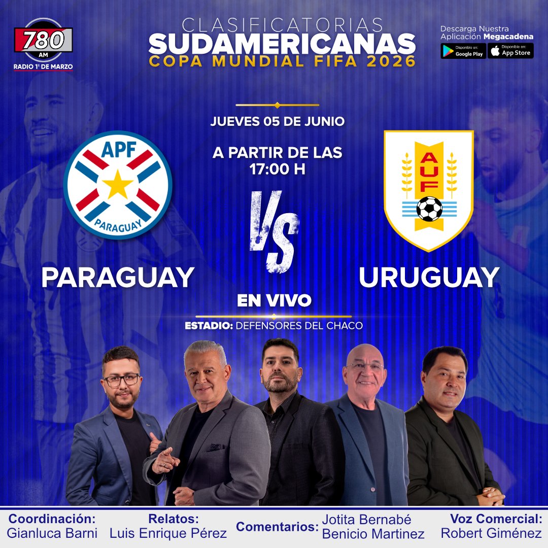Deporte Total 📻⚽️🇵🇾 (@deportetotal780) on Twitter photo ⚽️ #ClasificatoriasSudamericanas
🇵🇾 Paraguay vs Uruguay 🇺🇾
Previa: 17:00 h con <a href="/GianluccaBarni/">Gianlucca Barni</a>
Relatos: <a href="/LuisEnriquePy/">Luis Enrique Pérez</a>
Comentarios: <a href="/jotabernabe/">Jotita Bernabe</a>, <a href="/ElProfeBenicio/">BENICIO MARTINEZ</a>
Móviles: <a href="/gutavitogavilan/">GUSTAVITO GAVILAN</a>, <a href="/Gimenez_Erni/">Ernesto Gimenez</a>, <a href="/Danytroche/">Daniel Troche</a>
Voz comercial: Robert Giménez
🎧 Sintoniza: <a href="/780AM/">Radio 780 AM</a> ⚽️ #ClasificatoriasSudamericanas
🇵🇾 Paraguay vs Uruguay 🇺🇾
Previa: 17:00 h con <a href="/GianluccaBarni/">Gianlucca Barni</a>
Relatos: <a href="/LuisEnriquePy/">Luis Enrique Pérez</a>
Comentarios: <a href="/jotabernabe/">Jotita Bernabe</a>, <a href="/ElProfeBenicio/">BENICIO MARTINEZ</a>
Móviles: <a href="/gutavitogavilan/">GUSTAVITO GAVILAN</a>, <a href="/Gimenez_Erni/">Ernesto Gimenez</a>, <a href="/Danytroche/">Daniel Troche</a>
Voz comercial: Robert Giménez
🎧 Sintoniza: <a href="/780AM/">Radio 780 AM</a>