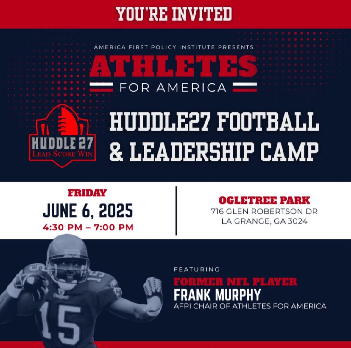 Frank D. Murphy (@thefrankmurphy) on Twitter photo You're Invited!
Join <a href="/A1Policy_AFA/">Athletes for America</a> for a Huddle27 Football & Leadership Camp—where I’ll be discussing second chances, fatherhood, and health.
📅 Friday, June 6, 2025
🕟 4:30 PM – 7:00 PM
📍 LaGrange, GA
Come ready to grow on & off the field.
Message me for more information. You're Invited!
Join <a href="/A1Policy_AFA/">Athletes for America</a> for a Huddle27 Football & Leadership Camp—where I’ll be discussing second chances, fatherhood, and health.
📅 Friday, June 6, 2025
🕟 4:30 PM – 7:00 PM
📍 LaGrange, GA
Come ready to grow on & off the field.
Message me for more information.