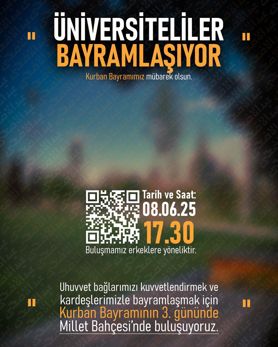 Esselamu aleykum, 

Bayramınız mübarek olsun.

Bayramın bereketinden ve samimiyetinden istifade etmek adına 8 Haziran Pazar günü Millet Bahçesi'nde bir araya geliyoruz. Sizi de aramızda görmekten mutluluk duyarız.

Eid mubarak.

For the sake of benefitting from the barakah and