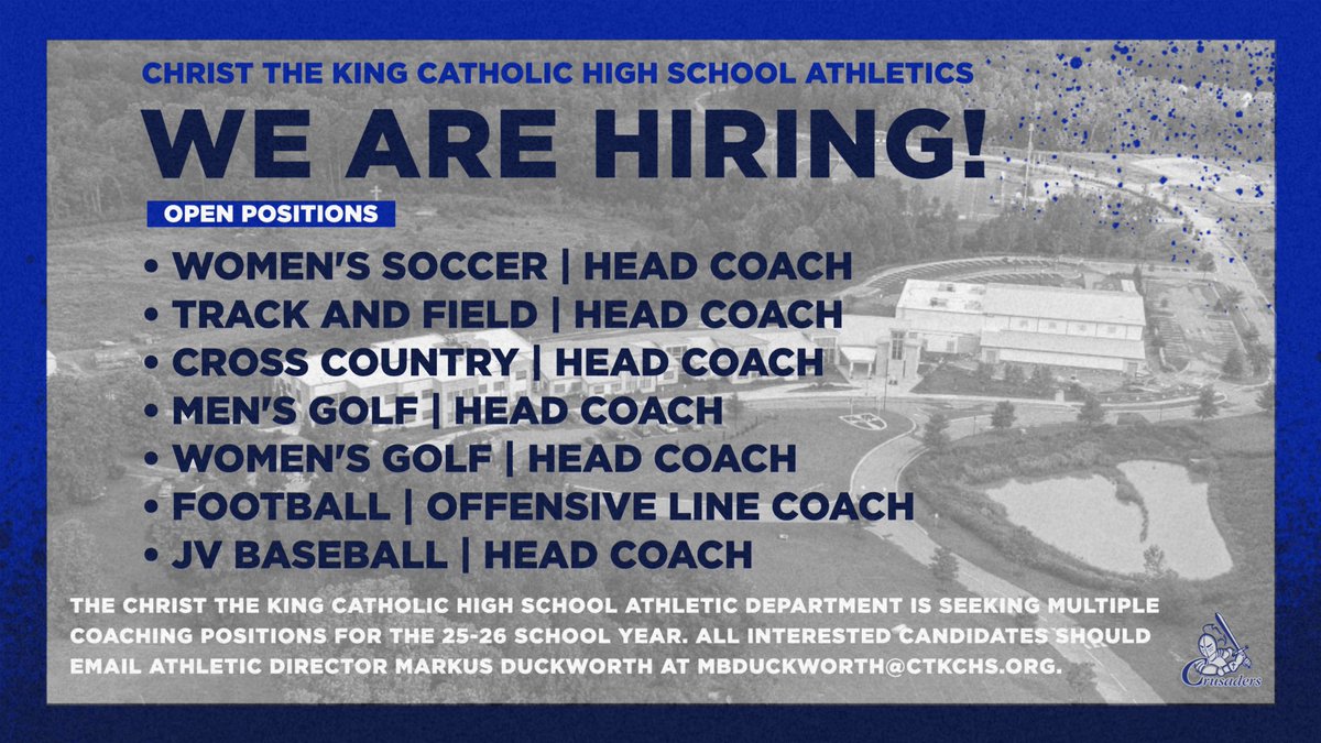 CTK Crusaders (@ctkcrusaders) on Twitter photo ‼️WE ARE HIRING‼️
📧 All interested candidates should email Athletic Director Markus Duckworth at MBDuckworth@ctkchs.org.
#GoCrusaders | #CTK ‼️WE ARE HIRING‼️
📧 All interested candidates should email Athletic Director Markus Duckworth at MBDuckworth@ctkchs.org.
#GoCrusaders | #CTK