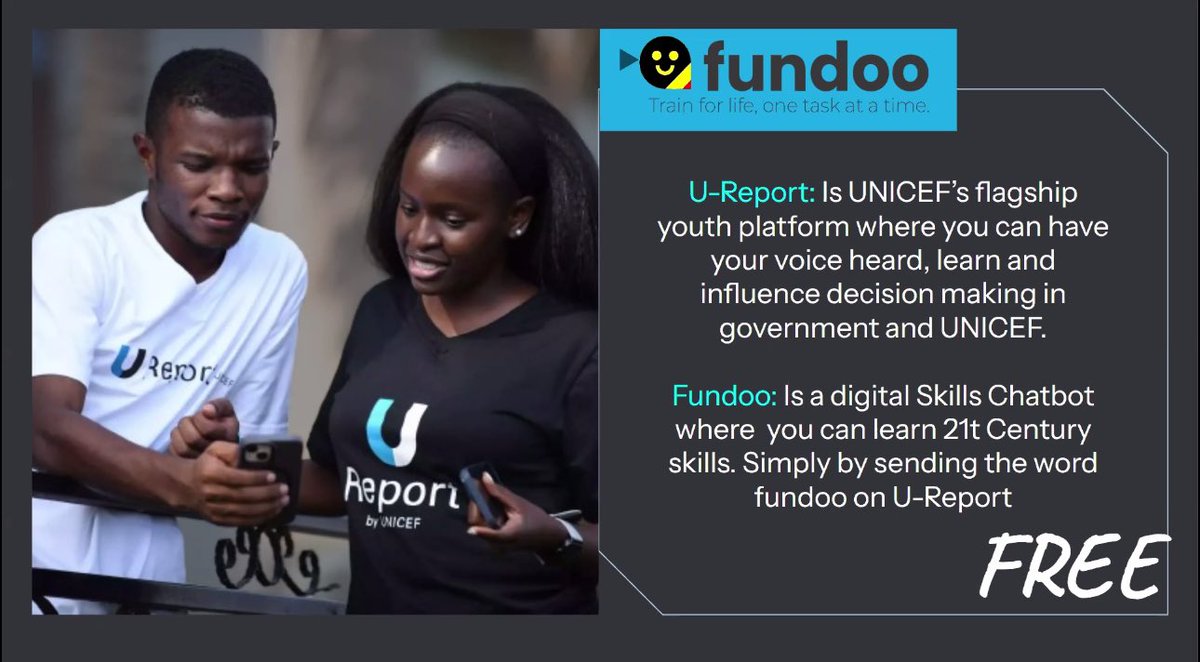 #Fundoo is a chatbot where young people get to learn about 21st century skills 

It’s completely free, awards certificates and you can simply join by sending a
📲Text FunDoo to 8500 or WhatsApp 0709168500 to sign up                       

✅Google Play: bit.ly/U-ReportAndroid.