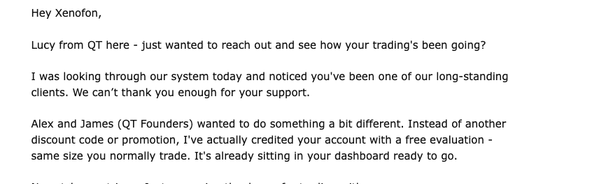 Thanks alot <a href="/QuantTekel/">QuantTekel</a> <a href="/AlexQuantTekel/">Alex</a> for the gift wasn't expecting to get 100k free.
Currently on p2 200k coming in funded stage soon!