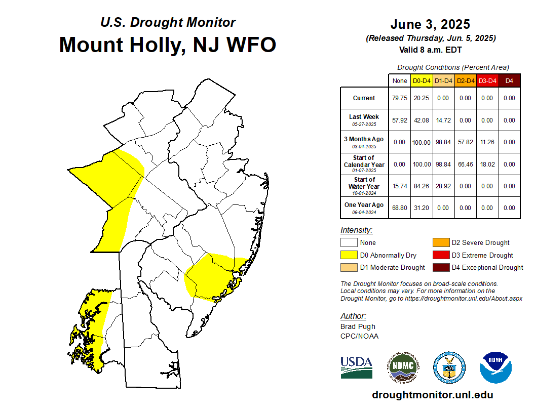 NWS_MountHolly's tweet photo. Some good news to share! As of this week, our region now has 0% drought classification areas, and only 20% abnormally dry. This is the first time we've had 0% of the D1-D4 classification since the first week of September. #PAwx #NJwx #DEwx #MDwx https://t.co/LJz5NuD3Y9