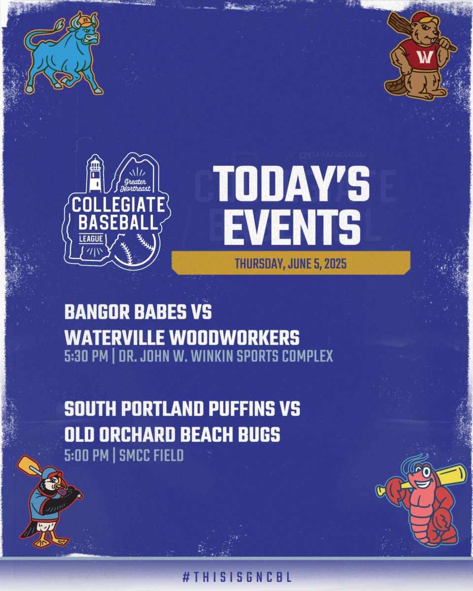 GNCBLBaseball's tweet photo. ⚾️ TWO GAMES. ONE BIG DAY IN THE GNCBL. ⚾️

🔥 Bangor Babes vs Waterville Woodworkers
👉 Note: This will be a single, full 9-inning game — not a doubleheader!

🌊 South Portland Puffins vs Old Orchard  Beach Bugs
Two squads with something to prove... expect fireworks.

#GNCBL https://t.co/09NApn9sKe