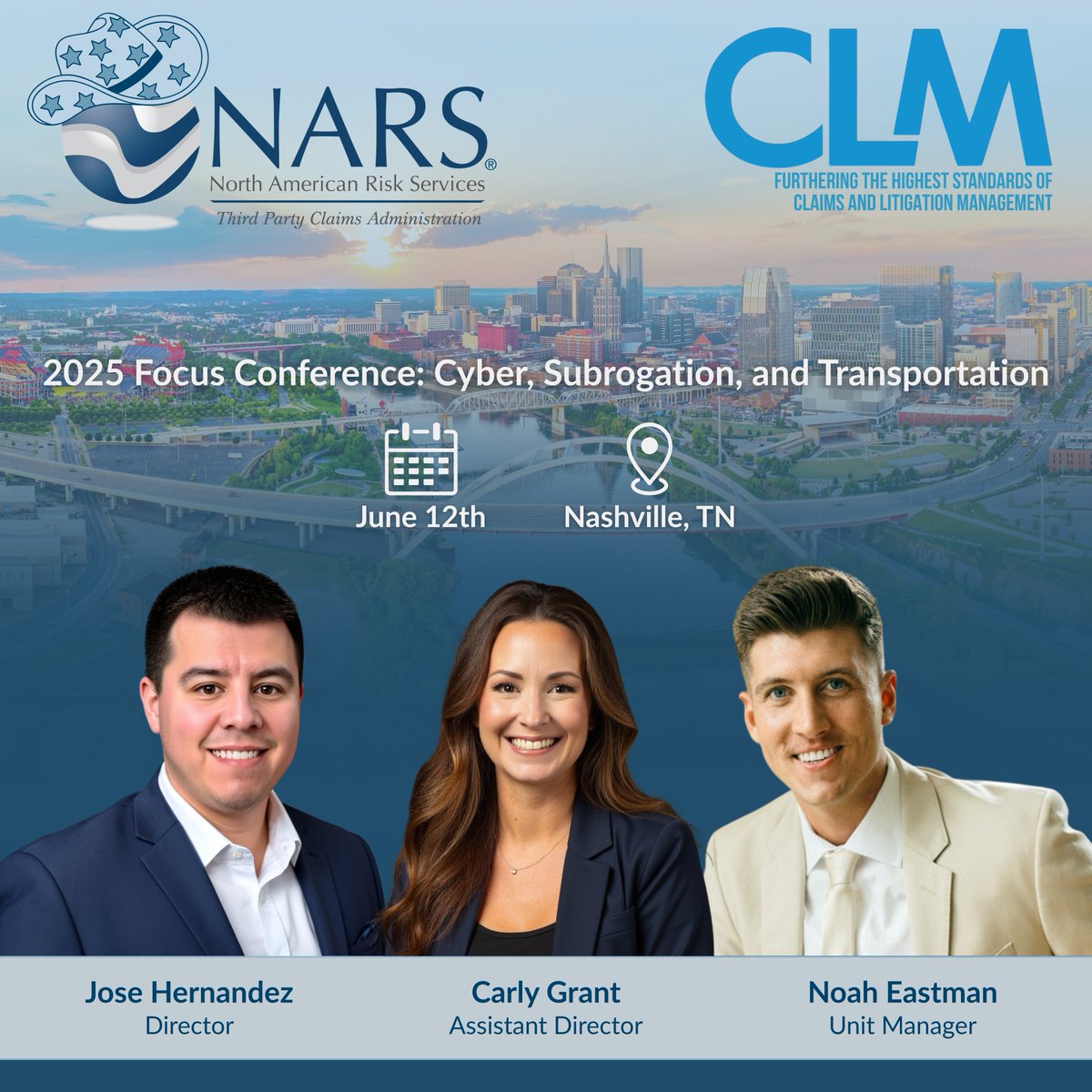 narisk_services's tweet photo. Meet the NARS leadership team heading to the 2025 CLM Focus Conference in Nashville! Join Jose Hernandez, Carly Grant, and Noah Eastman on June 12th as they tackle key issues in cyber, subrogation, and transportation claims. #NARISK #NARSWay https://t.co/YBJFPoWNIm