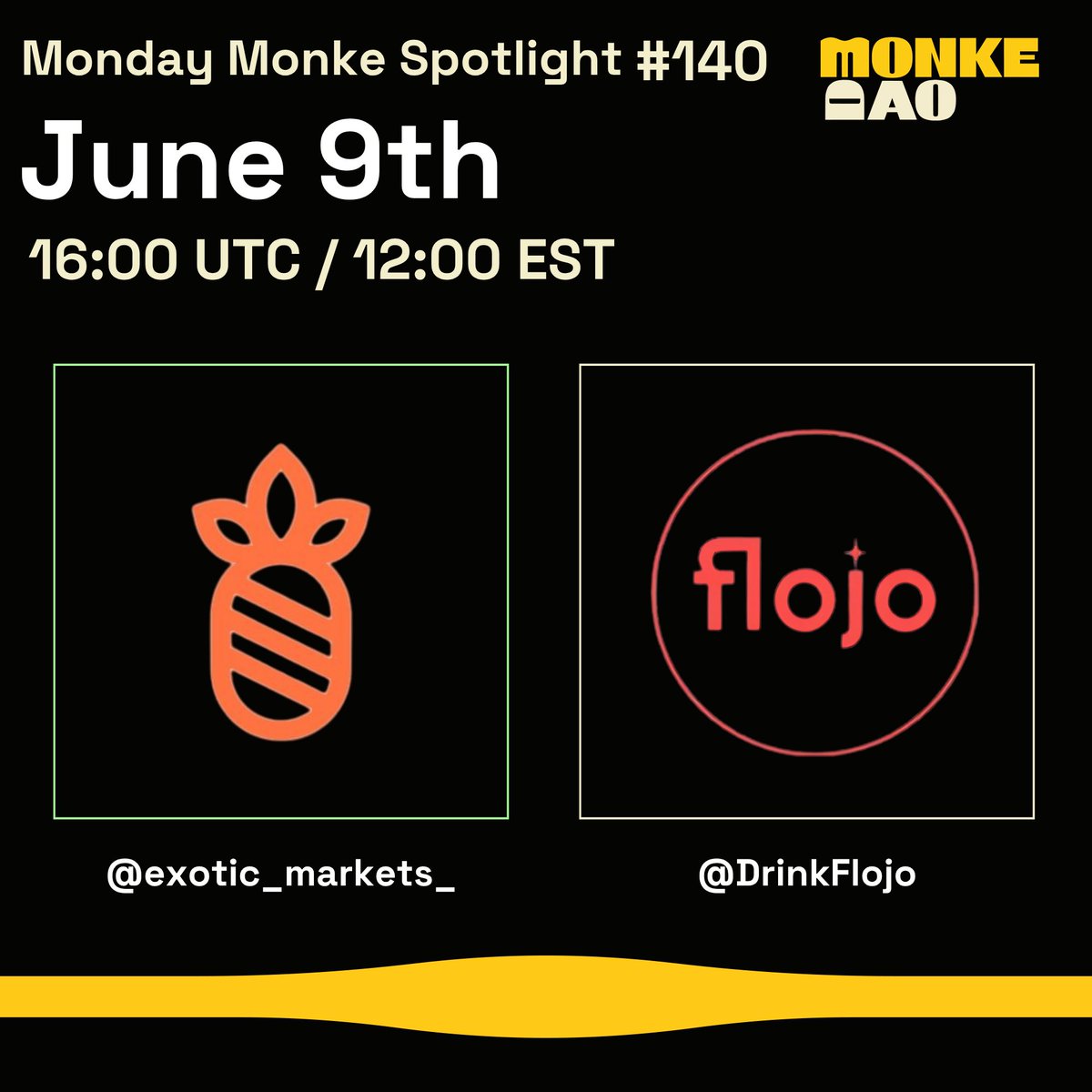 Join us for Monday Monke Spotlight #140 where we will be featuring awesome projects Monkes are working on!

<a href="/exotic_markets_/">Exotic Markets🍍</a>  <a href="/DrinkFlojo/">FLOJO ✨</a>

Tune in to hear about some Monke builders
📅 June 9th
🕛 12PM EST
🔗 👇