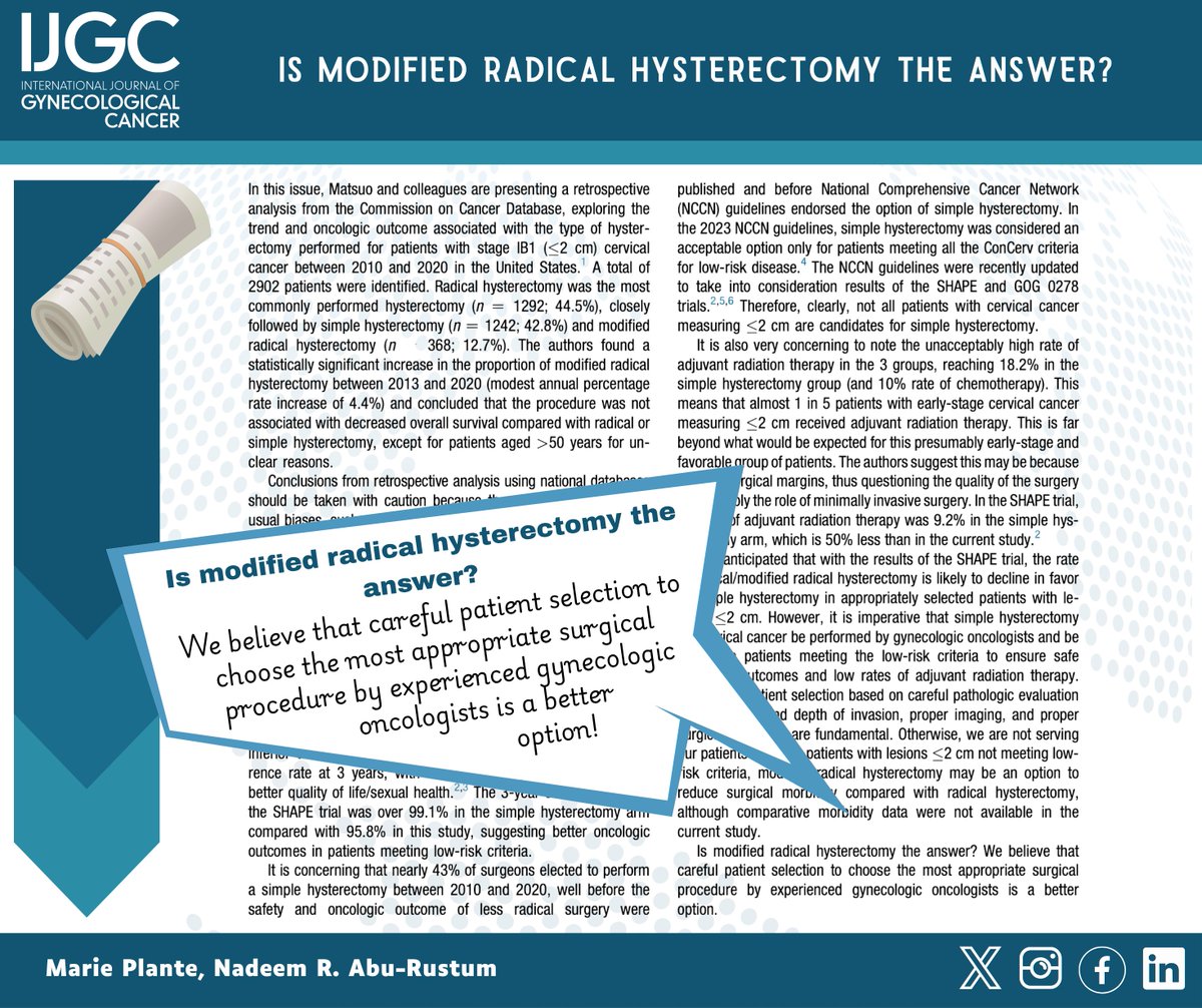 💸 The billion dollar question: 
Is modified radical hysterectomy the answer for early cervical cancer?

⚠️ Simple hysterectomy safe ONLY for well-selected, low-risk patients
👩‍⚕️ Key: Experienced gynecologic oncologists must tailor surgery for best outcomes

Read the editorial by