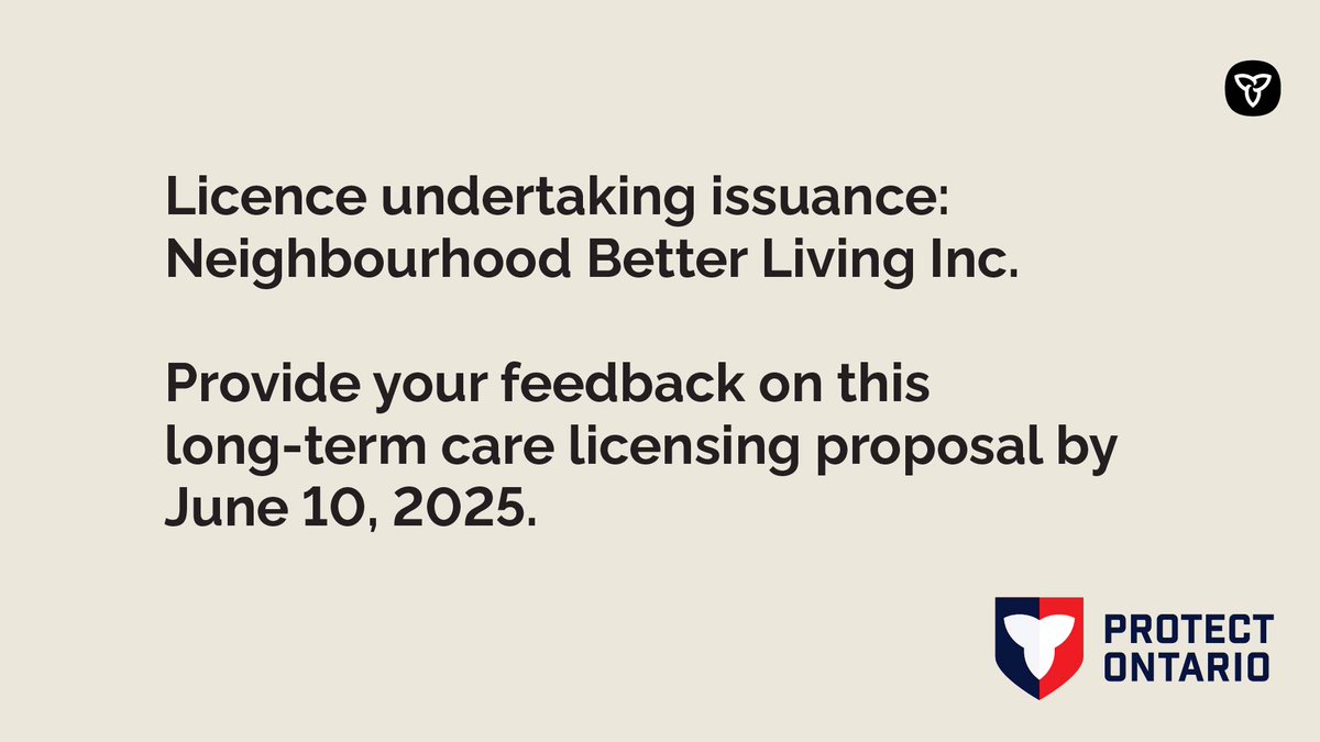 Ontario Long-Term Care (@onlongtermcare) on Twitter photo We are currently accepting feedback on a #LongTermCare licence proposal from Neighbourhood Better Living Inc.
ontario.ca/page/ontarios-… We are currently accepting feedback on a #LongTermCare licence proposal from Neighbourhood Better Living Inc.
ontario.ca/page/ontarios-…
