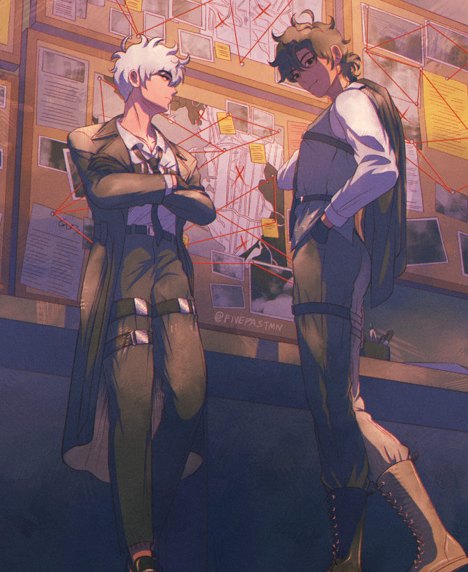 Art of Lu Guang and Cheng Xiaoshi in their RE:WIND outfits from the new album PV. Lu Guang is leaning against the table and looking off to the side, arms crossed, while Cheng Xiaoshi is smiling at the viewer, holding his jacket over his shoulder. At the back is the wall of evidence, full of maps, photos, notes, and other pieces of information.
