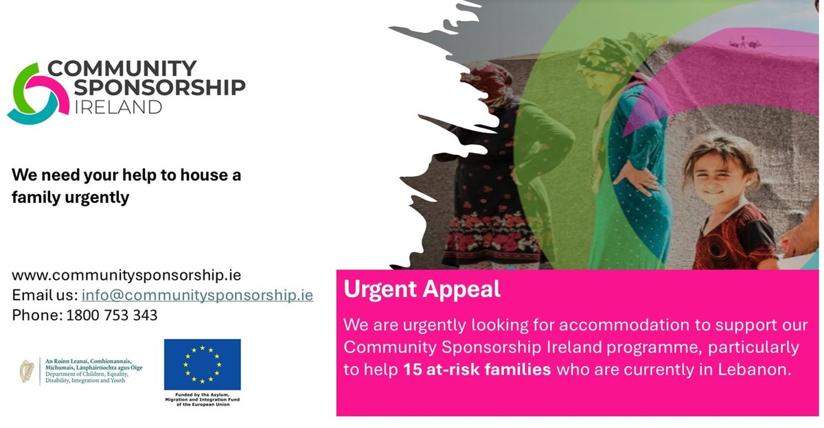 Irish Refugee Council (@irishrefugeeco) on Twitter photo ◾15 families in Lebanon face daily uncertainty, waiting relocation and a chance to rebuild their lives here.
Contact us to learn about how you can help through Community Sponsorship.
📩 info@communitysponsorship.ie
📞 1800 753 343
🔗 lght.ly/e9hdidd ◾15 families in Lebanon face daily uncertainty, waiting relocation and a chance to rebuild their lives here.
Contact us to learn about how you can help through Community Sponsorship.
📩 info@communitysponsorship.ie
📞 1800 753 343
🔗 lght.ly/e9hdidd