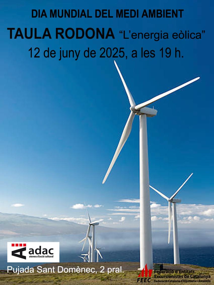 🌍 DIA MUNDIAL DEL MEDI AMBIENT 2025
📅 Dijous, 12 de juny
📍 Local de l’ADAC – Pujada Sant Domènec 2, pral.
Com cada any commemorarem el Dia Mundial del Medi Ambient. Enguany parlarem sobre l’energia eòlica i, en concret, sobre el parc eòlic del Golf de Roses.
