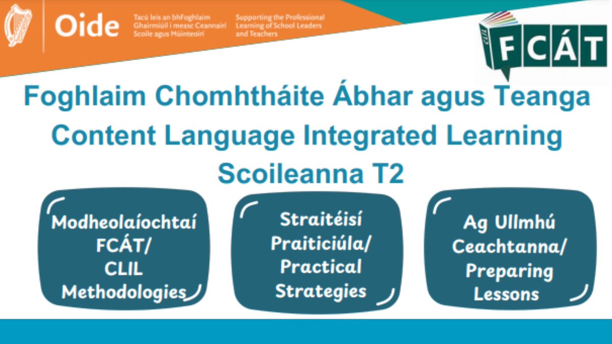 New Oide summer course for teachers in English-medium primary schools on the Content Language Integrated Learning (CLIL) approach with Irish

Date: 18-22 August
Venue: Drumcondra Education Support Centre

Register  tinyurl.com/FCATBAC