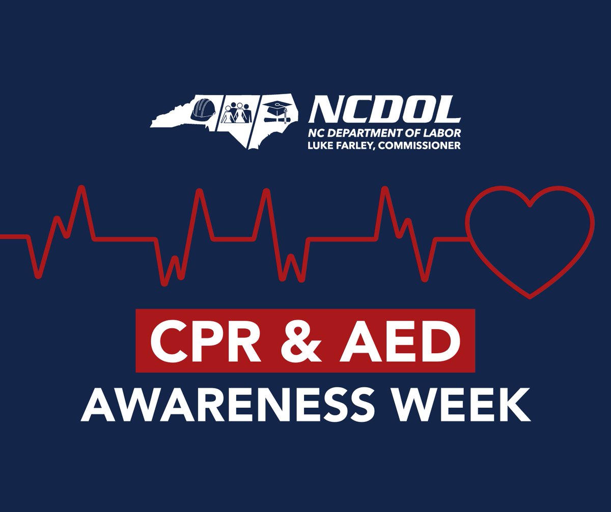 NC Department of Labor (@ncdol) on Twitter photo This CPR & AED Awareness Week, Commissioner <a href="/LukeFarleyNC/">Luke Farley</a> and the N.C. Department of Labor are proud to raise awareness about the lifesaving power of CPR and automated external defibrillators (AEDs).
Every second counts in a cardiac emergency. Whether at work, home, or in the This CPR & AED Awareness Week, Commissioner <a href="/LukeFarleyNC/">Luke Farley</a> and the N.C. Department of Labor are proud to raise awareness about the lifesaving power of CPR and automated external defibrillators (AEDs).
Every second counts in a cardiac emergency. Whether at work, home, or in the