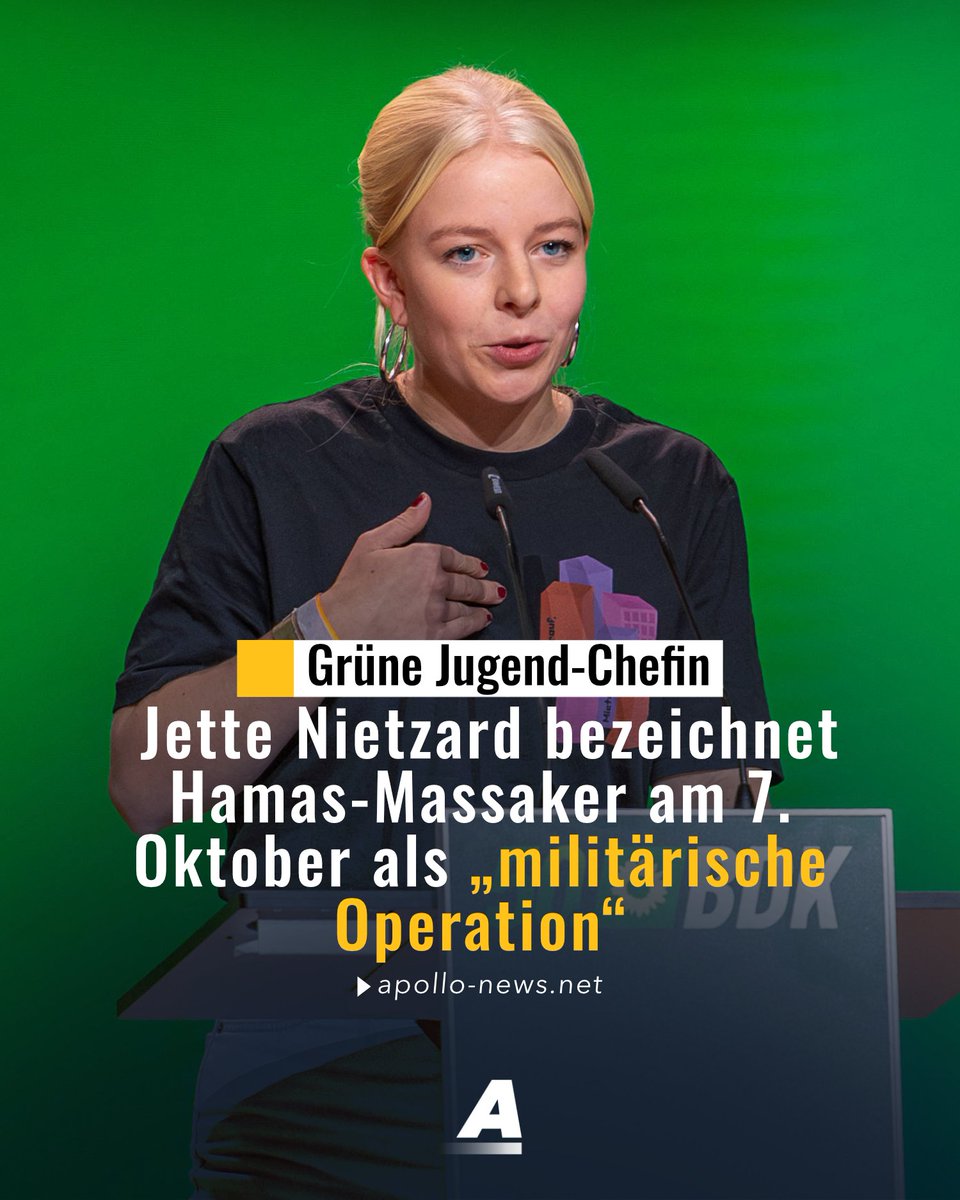 apollo_news_de's tweet photo. In einem Video auf dem offiziellen Account der Grünen Jugend ätzt Jette Nietzard gegen Israel und nennt das Hamas-Massaker vom 7. Oktober eine „militärischen Operation“.
https://t.co/dQnNWBAkEN https://t.co/ZvBv5nK9sB