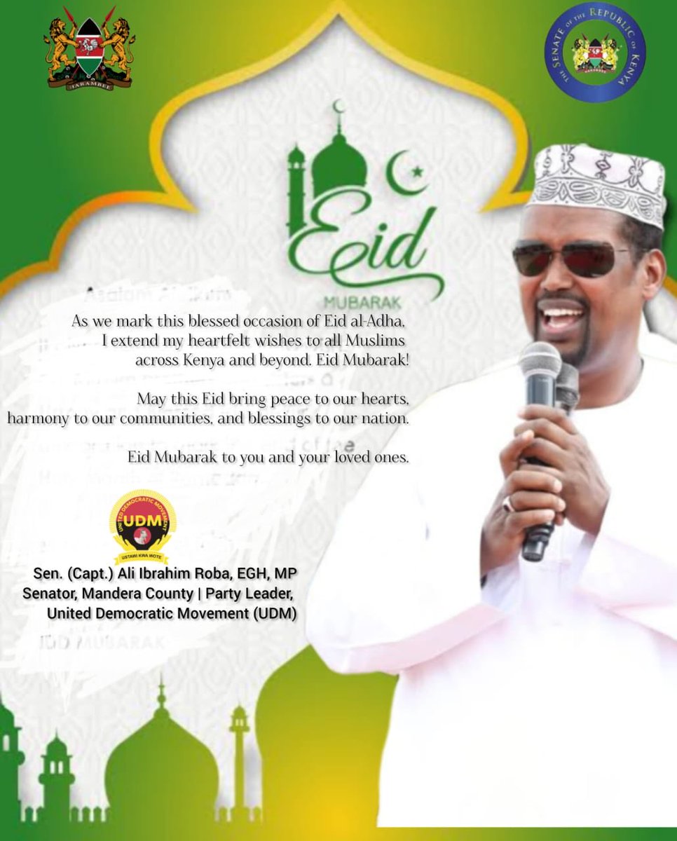 As we mark this blessed occasion of Eid al-Adha, I extend my heartfelt wishes to all Muslims across Kenya and beyond. Eid Mubarak!

May this Eid bring peace to our hearts, harmony to our communities, and blessings to our nation.

Eid Mubarak to you and your loved ones.