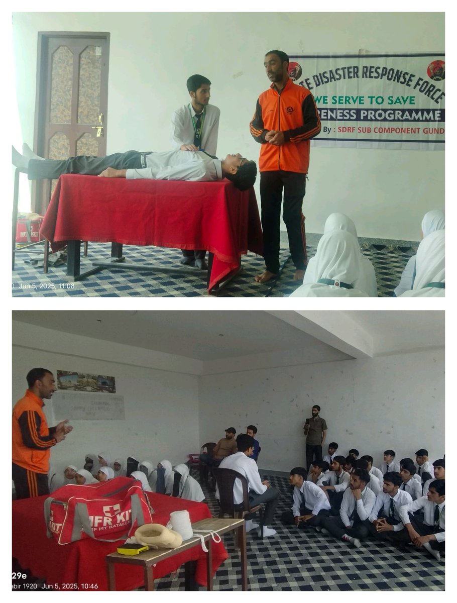 Today on 05/06/2025, 
 SDRF Sub- component Gund conducted one day awareness programme regarding first aid &amp; CPR at (MBA) High School Haripura Kangan, in which 40 students including teaching staff actively participated.