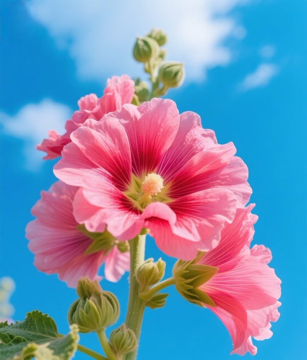 RuoX1's tweet photo. 蓝天作幕葵开绽，粉瓣含情映日鲜 。#中华诗词鉴赏 #flower https://t.co/vQeFVyMYie