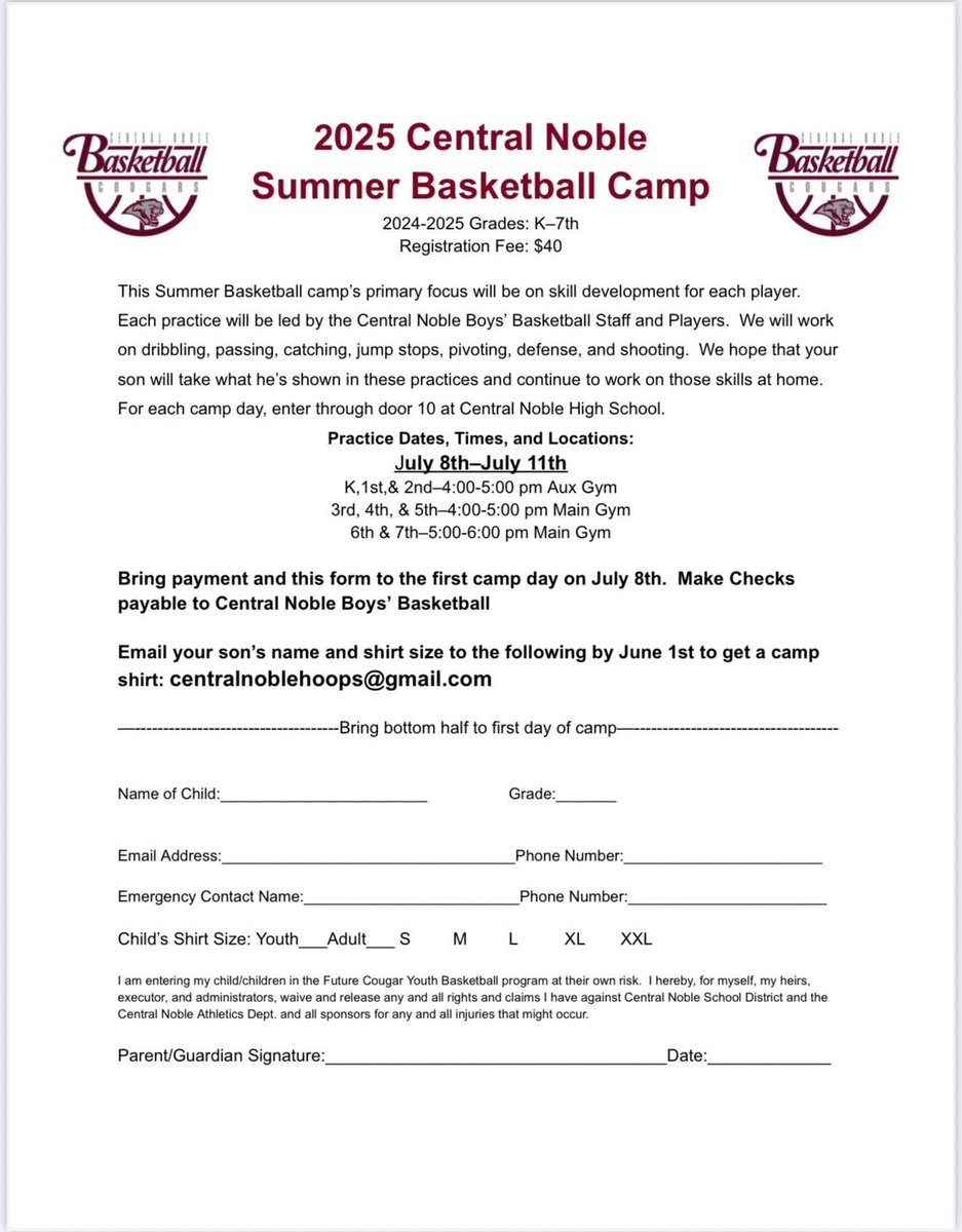 Central Noble Boys Basketball (@cncougarshoops) on Twitter photo If you have a son interested please send an email to centralnoblehoops@gmail.com and let us know the shirt size youβd like. We are still accepting shirt size information. If you donβt send email, we will still take your son for the camp, however they wonβt get a camp shirt. If you have a son interested please send an email to centralnoblehoops@gmail.com and let us know the shirt size youβd like. We are still accepting shirt size information. If you donβt send email, we will still take your son for the camp, however they wonβt get a camp shirt.