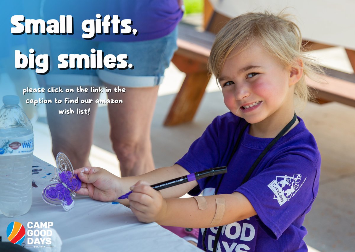 Every item on our Amazon Wishlist helps bring joy, comfort, and unforgettable memories to our campers!
If you're looking for a simple way to support Camp Good Days, this is it!

📦 View our wish list and make a difference today: amazon.com/gp/registry/wi…