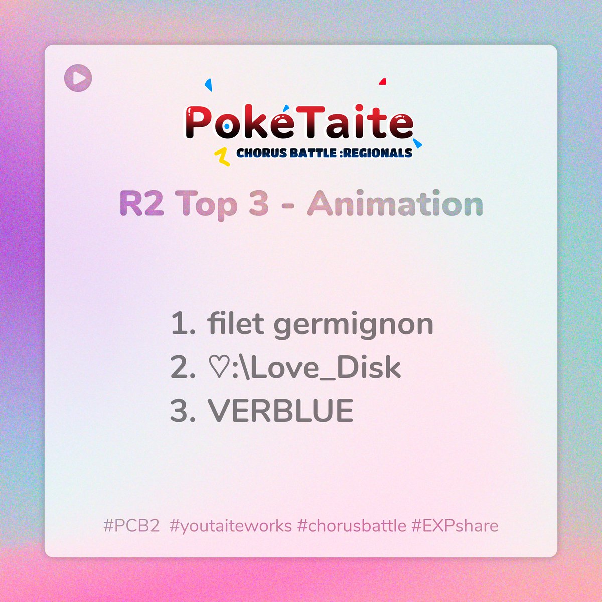 CB_PokeTaite's tweet image. Hey Trainers! Here are the top 3 for the animation category in round 2!
Congratulations!
#PCB2 #chorusbattle