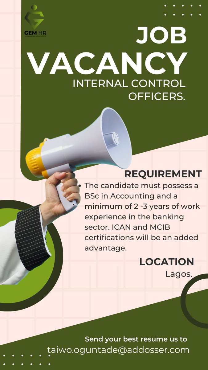 gem_hr's tweet photo. 🔥Urgent Hiring: Internal Control Officers!🌟Lead and impact the Audit Industry! Location: Lagos.💌APPLY: taiwo.oguntade@addosser.com ⏳Act fast—this opportunity won't last! 👥 Know someone ideal? Tag them! #internal #internalcontrol #internalcontrols #internalcontrolaudit https://t.co/wCaeAibmbU