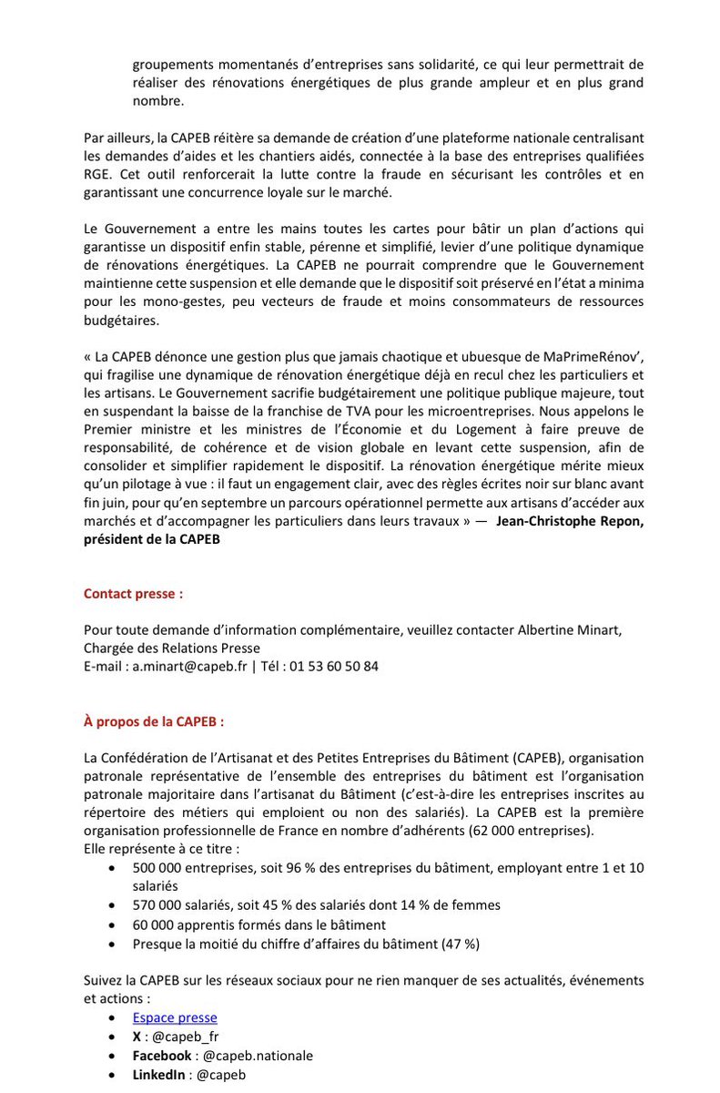 [#CP] Suspension de #MaPrimeRénov’ – La CAPEB dénonce un choc dévastateur pour l’#artisanat du #bâtiment, les ménages et nos objectifs #environnementaux.

La CAPEB s’insurge contre la décision brutale du <a href="/gouvernementFR/">Gouvernement</a> de suspendre #MaPrimeRénov’ sans aucune concertation