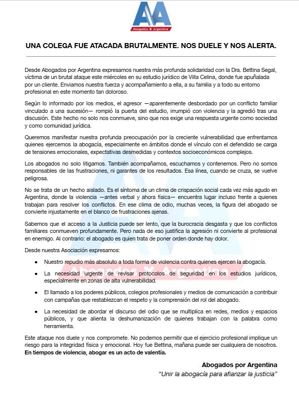 🚨 Atacaron brutalmente a una abogada en su propio estudio.
Esto no puede seguir pasando. Leé nuestro comunicado.