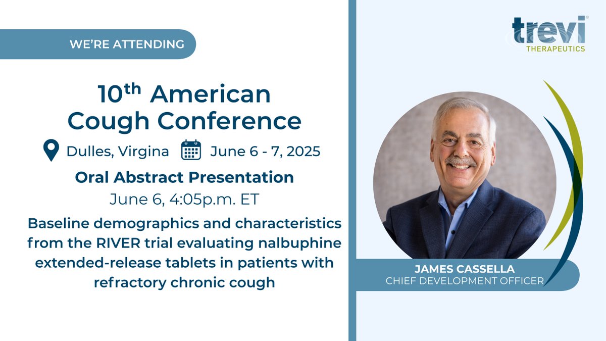 Trevi is excited to participate in the 10th American Cough Conference.

James Cassella, Trevi’s CDO, will be presenting on the baseline demographics and characteristics from the Phase 2a RIVER trial of Haduvio (oral nalbuphine ER) in patients with refractory chronic cough (RCC).
