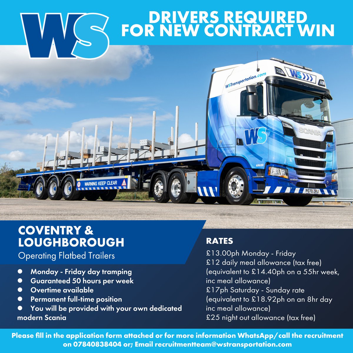 WS Specialist Logistics are recruiting Flatbed drivers to operate out of our Loughborough and Coventry depots. 
If you have suitable experience, please fill in the application form here: forms.office.com/e/dhhb61ti2W

#hgvindustry #wstransportation #wsspecialistlogistics #recruiting