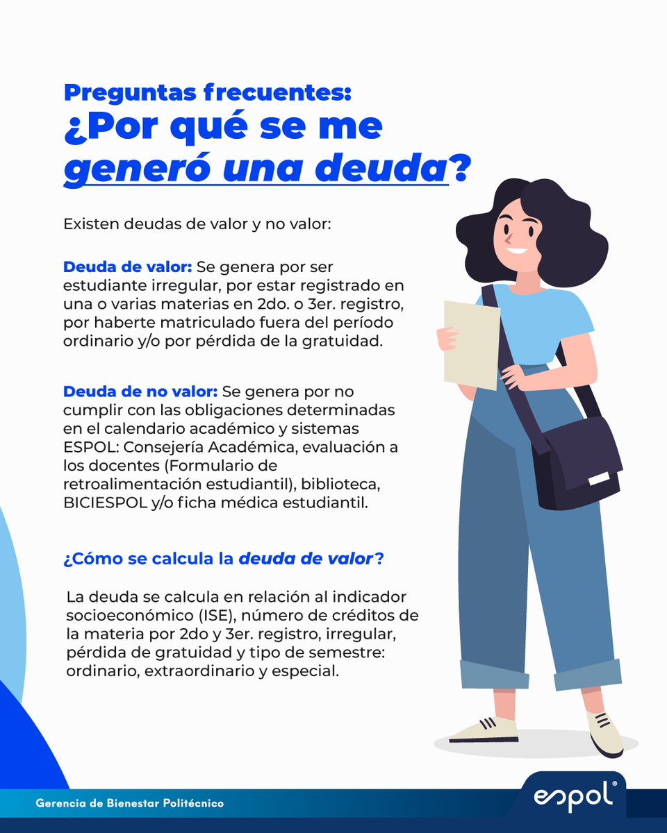 ¿Te salió una deuda en tu cuenta y no sabes por qué? 
En ESPOL hay deudas de valor y no valor, y cada una tiene causas distintas.
Infórmate y evita contratiempos.
#ESPOL #BienestarPolitécnico #TipsPolitécnicos