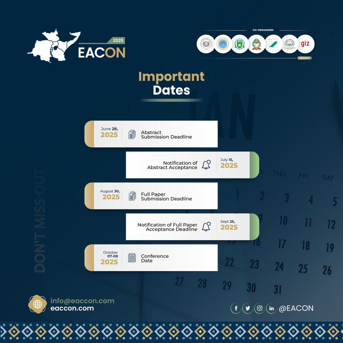 Share your vision at #EACON2025 in Mogadishu!
We're calling on bold thinkers in agri, trade, digital finance &amp; private sector growth to shape East Africa’s future.
📅 Oct 7–8 | 🗓️ Abstracts due June 28
Submit now
eaccon.com/call-for-abstr…