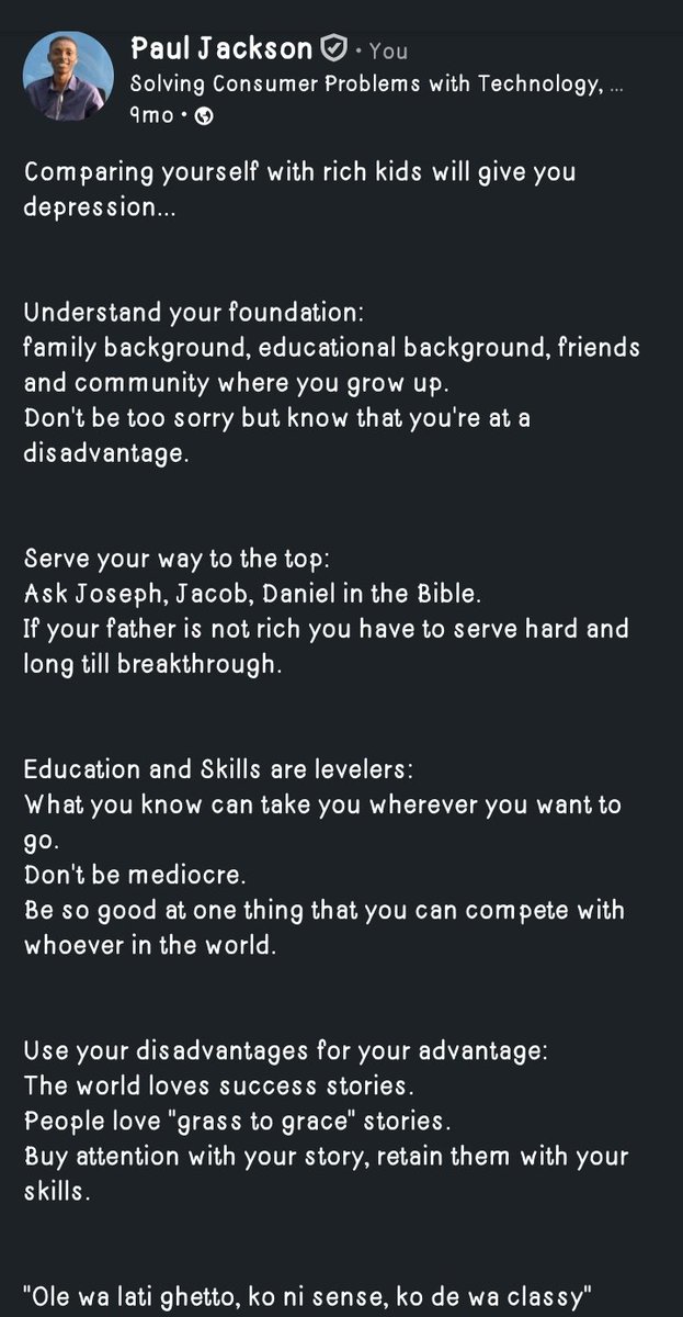 apostlepauljack's tweet photo. It's easy to complain about your background and how disadvantaged you are, just like I did, but I have also been talking about the solution from time to time
This content was written 9 months ago
Repost ๐๐พ
#techiesFromTrenches
Akin | Obidient | Portugal | #WorldEnvironmentDay https://t.co/kx5CiSUYGQ