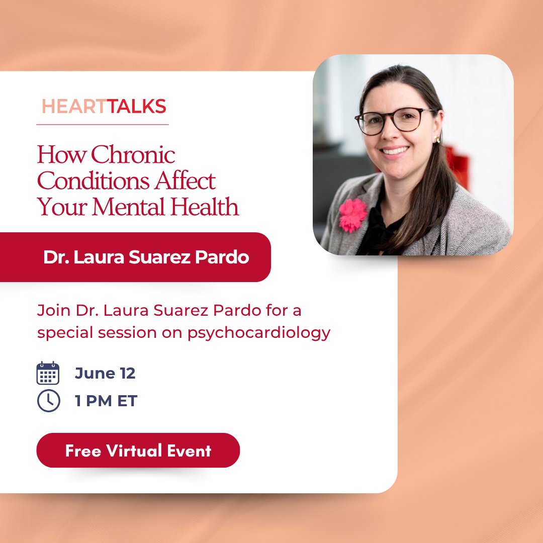 From Mayo Clinic to Mass General, Dr. Laura Suarez Pardo is bridging mental and cardiovascular care.
Join our HeartTalk to hear her insights.

🕐Thursday, June 12 | 1 PM ET

Register: womenheart.org/caingforyou 

#HeartTalk #MentalHealth
