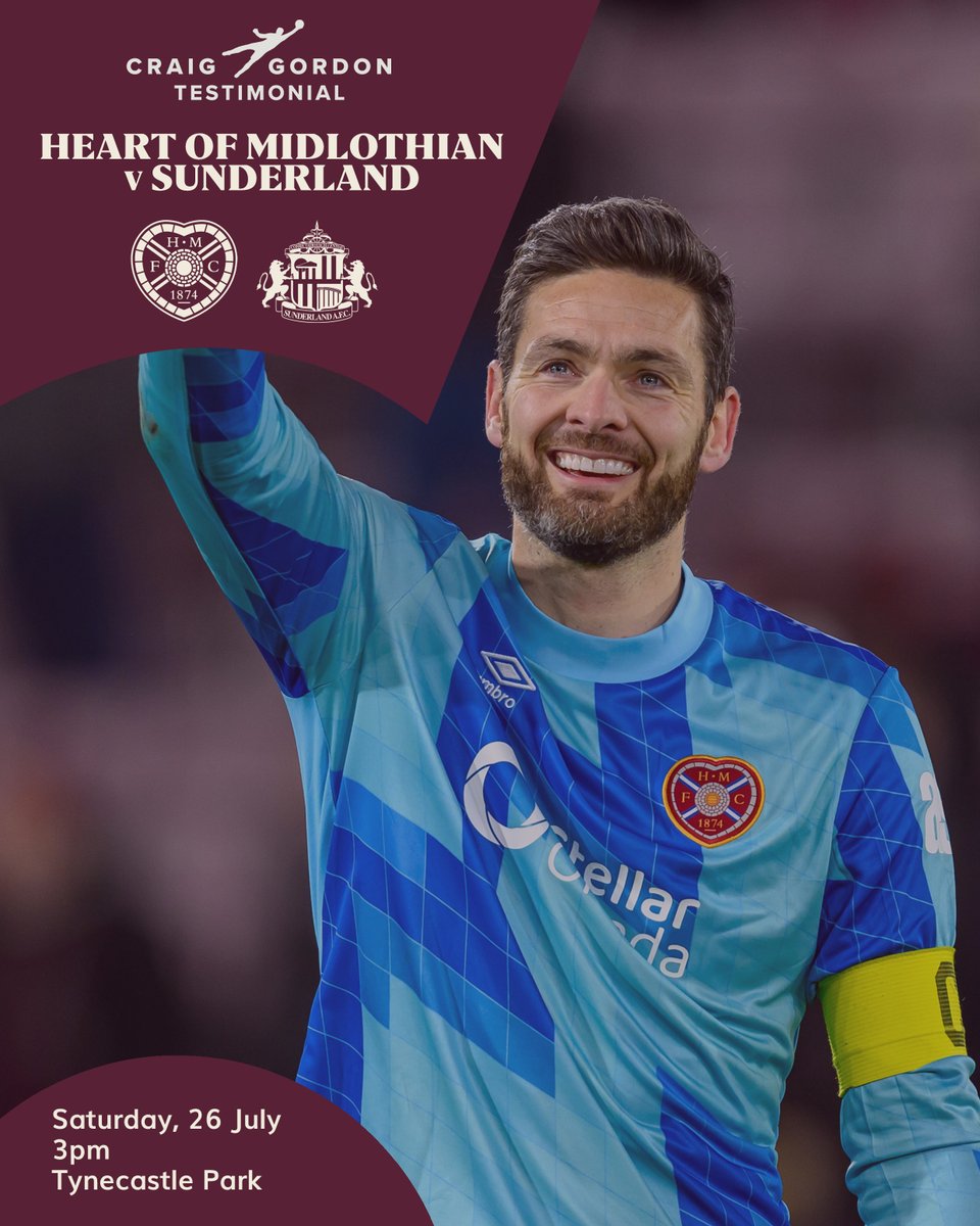 Craig Gordon Testimonial (@cgtestimonial) on Twitter photo The Craig Gordon Testimonial Match
<a href="/JamTarts/">Heart of Midlothian FC</a> v <a href="/SunderlandAFC/">Sunderland AFC</a>
Saturday, 26 July – 3pm
Tynecastle Park
A match not to be missed. The Craig Gordon Testimonial Match
<a href="/JamTarts/">Heart of Midlothian FC</a> v <a href="/SunderlandAFC/">Sunderland AFC</a>
Saturday, 26 July – 3pm
Tynecastle Park
A match not to be missed.