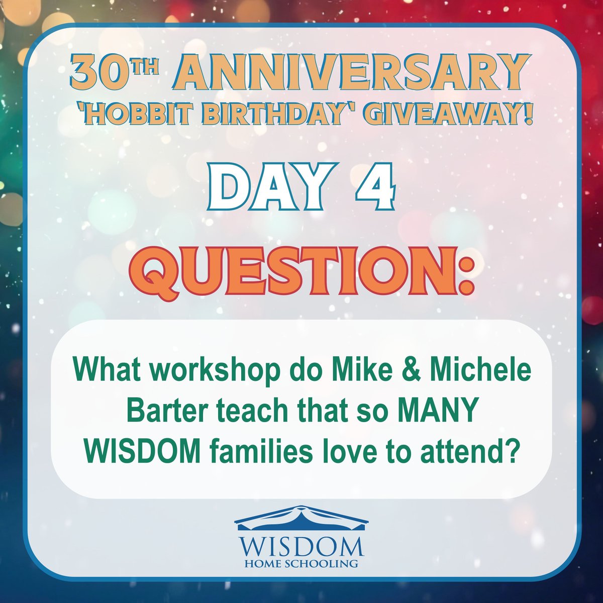 WISDOMhs's tweet photo. WISDOM's 30th Anniversary 
"Hobbit Birthday" Giveaway 

Day 4 - What workshop do Mike &amp; Michele Barter teach that so MANY WISDOM families love to attend?

Enter here >>>
https://t.co/uomt0tREtT https://t.co/KrGEt2wgf4