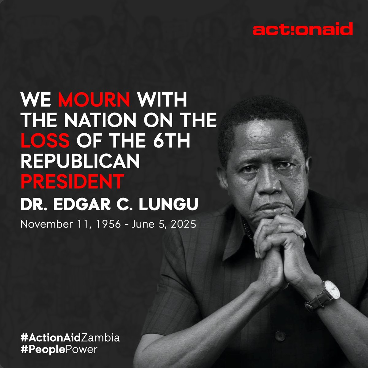 We mourn with the nation on the loss of the 6th Republican President, Dr. Edgar C. Lungu. M.H.S.R.I.P.
#ZambiaMourns