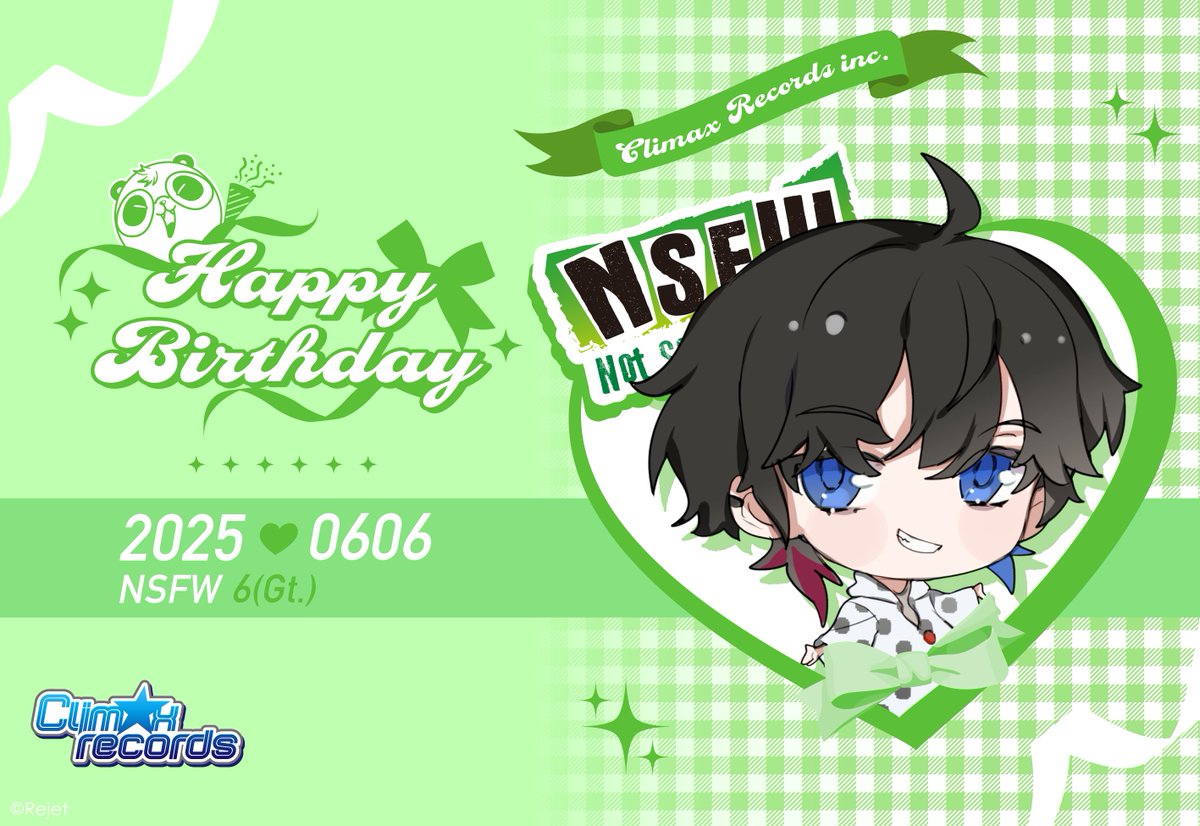 climax_records's tweet photo. ＼㊗HAPPY BIRTHDAY🎉／

本日【6月6日】は
NSFWのGt. 6 のお誕生日です！🎊✨✨

よろしければお祝いしてあげて下さいね！

🐼＜ センキュー！クレガ！

―クライマックスレコード株式会社―

#CR_BIRTHDAY2025_6
#CR的生誕祭2025_6 https://t.co/xLcUdn8pdz
