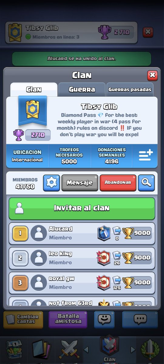 Empezamos la semana de guerra!!!
Todavía estás a tiempo de entrar para participar todas las semanas por un pase de diamante simplemente jugando guerra, buena suerte a todos 🫶🏻