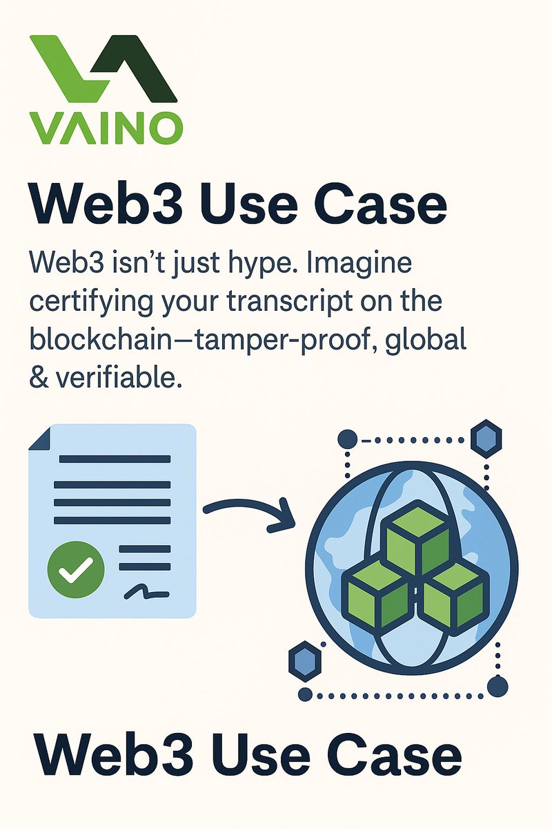 hellovaino's tweet photo. Web3 Use Case
Web3 isn’t just hype. Imagine certifying your transcript on the blockchain—tamper-proof, global &amp; verifiable.

#Web3InEducation #FutureOfLearning https://t.co/7Emp9rIfym