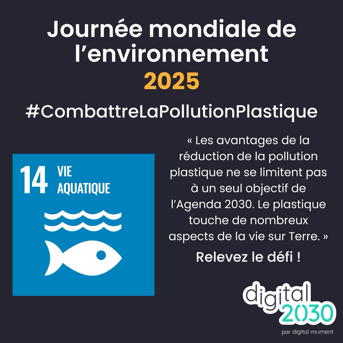 En cette #JournéeMondialeDeLEnvironnement, redécouvrez notre #DéfiDigital2030 #PréventionPlastique, qui explore l’ODD 14 et montre comment la réduction des déchets plastiques est liée à de nombreux autres objectifs de l’Agenda 2030.

♻️ Relevez le défi : ow.ly/X2rl50W4p2n