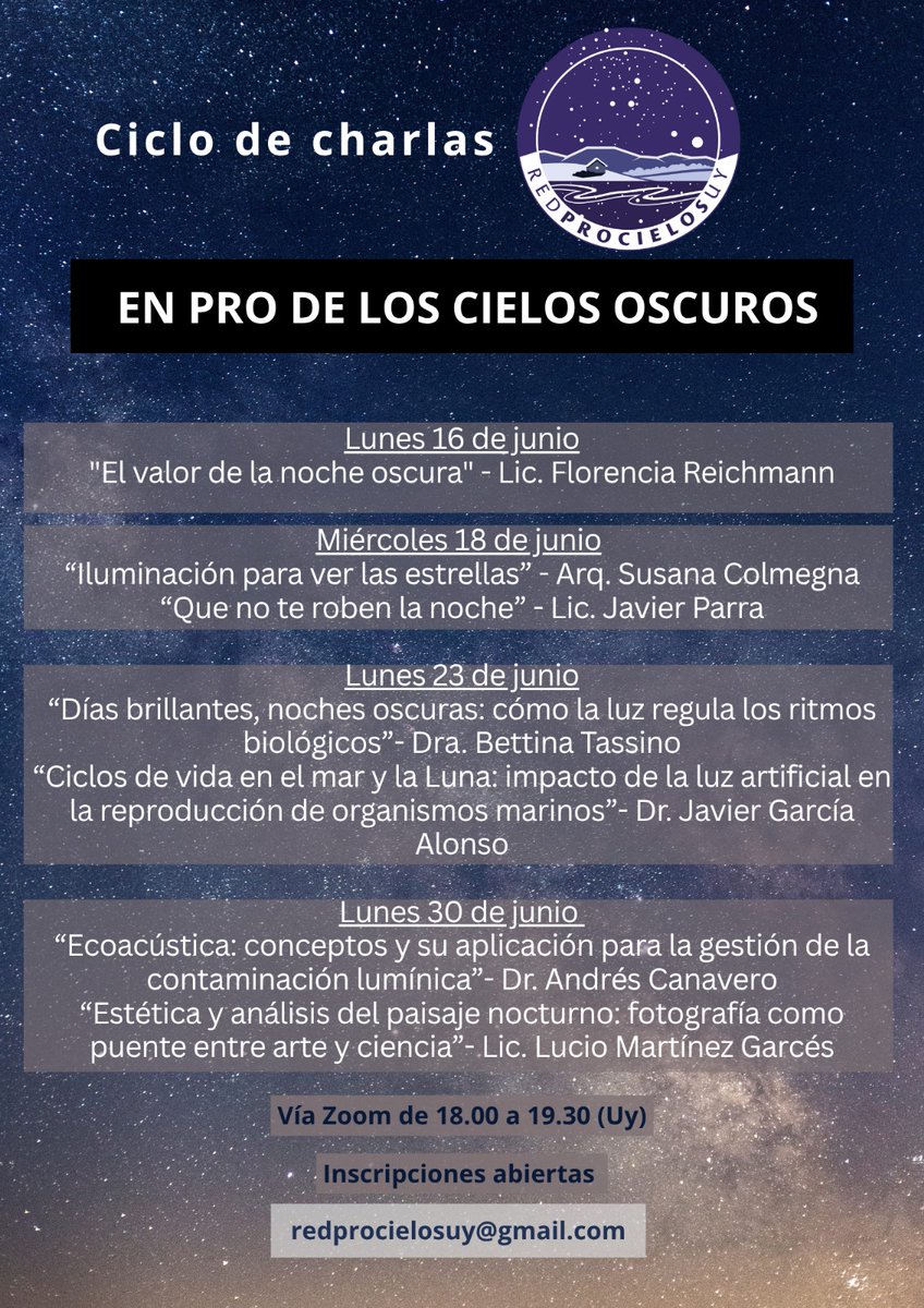 💫CAPACITACIÓN EN PRO DE LOS CIELOS OSCUROS💫
Con mucho entusiasmo abrimos las inscripciones para este ciclo de charlas organizado por RedProCielosUy. Inscripciones: docs.google.com/forms/d/e/1FAI…