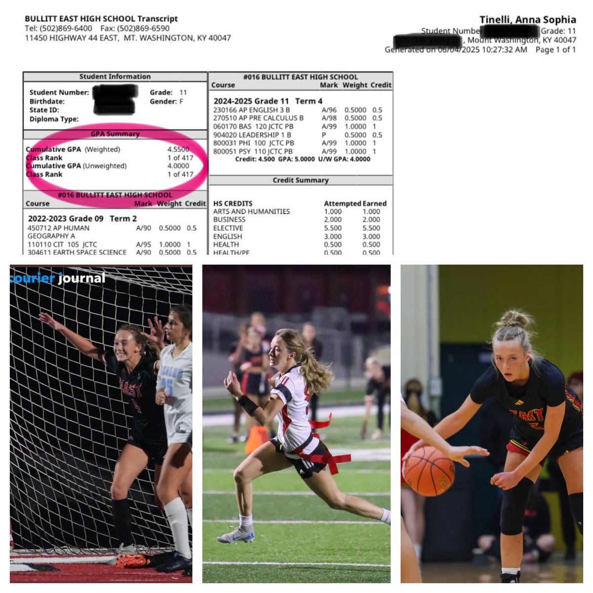AnnaTinelli5's tweet photo. Junior year is a wrap.  3 varsity sports and many milestones, but I’m most proud of being ranked #1 in my class out of 417! 

Junior Year
✔️ Cumulative GPA 4.55
✔️ Ranked #1 of 417
✔️ ACT 27
✔️ Ms. Junior BEHS (voted by staff)
✔️ Year 3 of All A Honor Roll
🏀 Basketball - All Region, 1000 point milestone 
⚽️ Soccer - All State, All Region, 50 goal milestone
🏈 Flag Football - All Conference in KHSAA’s Inaugural Year in Louisville
