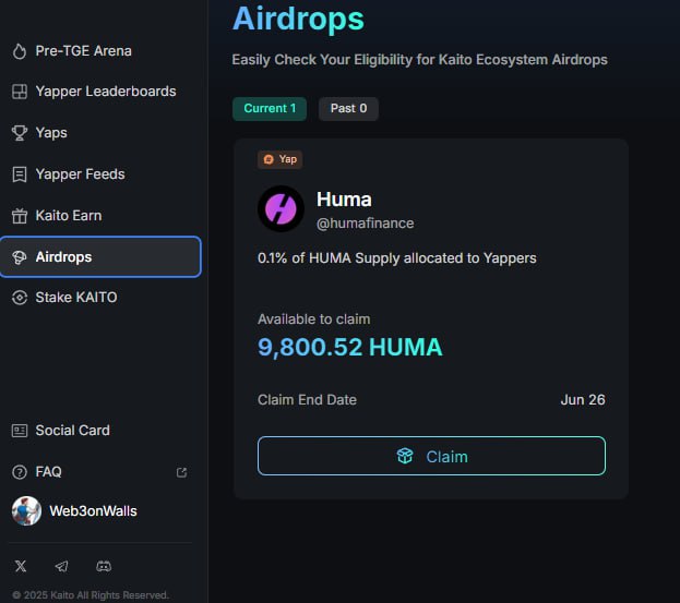 Web3onWalls (@stoneheadedman) on Twitter photo Selamlar.
Gecen hafta <a href="/humafinance/">Huma Finance 🟣</a> in attığı airdropu claimlemistim.
Şimdi tekrar <a href="/KaitoAI/">Kaito AI 🌊</a> da gördum. Bu benim kaiotodan aldığım ilk droptu .
Tekrar Humafinance icin bir hatırlatma yapalım.
Alacakları teminat yapar: Şirketler tahsil edilmemiş faturalarını blockchain’e taşır. Selamlar.
Gecen hafta <a href="/humafinance/">Huma Finance 🟣</a> in attığı airdropu claimlemistim.
Şimdi tekrar <a href="/KaitoAI/">Kaito AI 🌊</a> da gördum. Bu benim kaiotodan aldığım ilk droptu .
Tekrar Humafinance icin bir hatırlatma yapalım.
Alacakları teminat yapar: Şirketler tahsil edilmemiş faturalarını blockchain’e taşır.