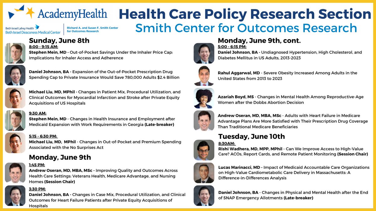 Rishi Wadhera, MD MPP (@rkwadhera) on Twitter photo <a href="/AcademyHealth/">AcademyHealth</a> #ARM2025 is just around the corner!
Check out this outstanding group of <a href="/SmithBIDMC/">BIDMC Smith Center</a> trainees research on Medicaid work requirements, SNAP, Medicare Advantage, & out-of-pockets costs
* 12 presentations w/ 2 late-breakers
* Publications in JAMA, JACC, JAMA Cards <a href="/AcademyHealth/">AcademyHealth</a> #ARM2025 is just around the corner!
Check out this outstanding group of <a href="/SmithBIDMC/">BIDMC Smith Center</a> trainees research on Medicaid work requirements, SNAP, Medicare Advantage, & out-of-pockets costs
* 12 presentations w/ 2 late-breakers
* Publications in JAMA, JACC, JAMA Cards