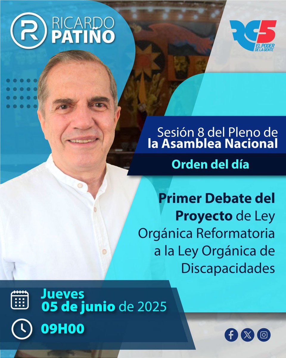 Ricardo Patiño (@ricardopatinoec) on Twitter photo Este jueves en el Pleno de la <a href="/AsambleaEcuador/">Asamblea Nacional</a> debatiremos el proyecto de ley que reforma la Ley Orgánica de Discapacidades.
#AgendaLegislativa Este jueves en el Pleno de la <a href="/AsambleaEcuador/">Asamblea Nacional</a> debatiremos el proyecto de ley que reforma la Ley Orgánica de Discapacidades.
#AgendaLegislativa